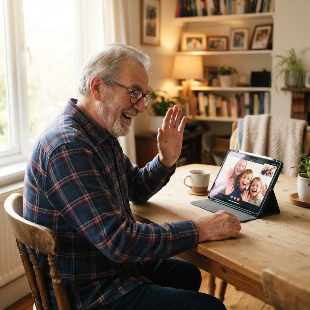 A senior man happily on a video call with his grandchildren